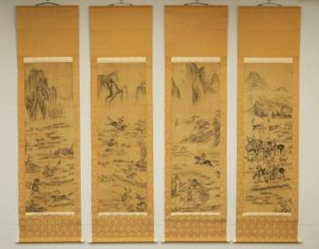 P1088 清時代　佚名 皇帝狩猟図八幅 真作 肉筆　日本表装 絹本掛軸 古美術 唐物 書画 山水 人物 清代 骨董