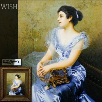 【真作】【WISH】レネ Rene Alphonse 油彩 12号 大作 1974年作 ◆小鳥籠を抱く優美な女性 　　〇1932-イタリアの画家 #26072688