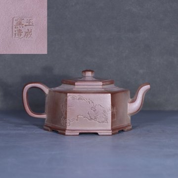 ■観心・時代旧蔵■M2355時代朱泥 玉成窯造心舟 紫砂刻絵六方壺 在銘 /紫砂 煎茶道具 朱泥 茶壺