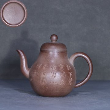 ■観心・時代旧蔵■M2354時代朱泥 六如款 紫砂梨形壺 在銘 /紫砂 煎茶道具 朱泥 茶壺