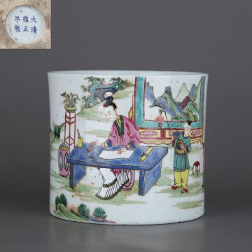 ■観心・時代旧蔵■M2387清雍正 粉彩仕女嬰戲図筆立・古陶磁器 ・珍品旧蔵・古賞物・時代物