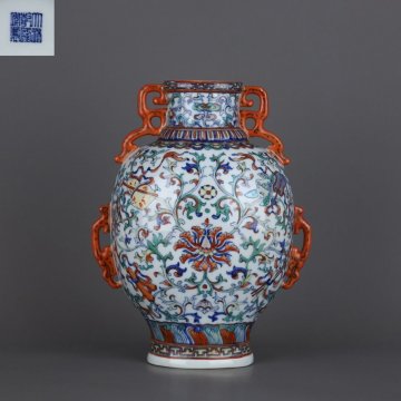 ■観心・時代旧蔵■M2386清乾隆 斗彩暗八仙纏枝蓮紋多耳瓶・古陶磁器 ・珍品旧蔵・古賞物・時代物