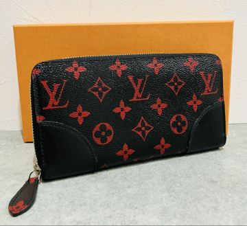 LOUIS VUITTON 極上美品 モノグラム レザー 長財布 ブラック &times; レッド ジッピー・ウォレット 財布