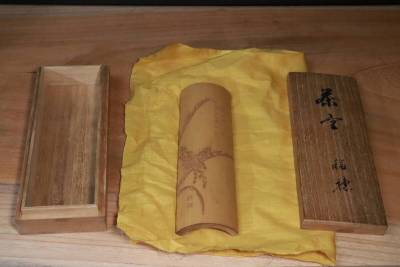 藤　哲斎　作　稲穂バッタ細密彫　竹茶量　茶合　共箱　　煎茶道具　鉄瓶　茶碗　香筒　銀瓶　竹籠　中国古玩　骨董　香合　香炉　宝瓶　