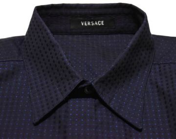 7★GIANNI VERSACE★ヴェルサーチ★シャドーダークネイビー濃紺チェック柄&ネイビードット柄#比翼カラー隠しボタンダウンの長袖シャツ52