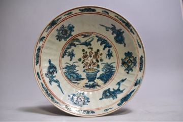 【英】A662 呉須赤絵皿 D32㎝ 中国美術 朝鮮 韓国 色絵 大鉢 骨董品 美術品 古美術 時代品 tr