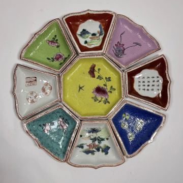 XMF-中国古美術 時代物 色絵 粉彩 古陶磁器 絵皿 古賞物 皿セット 唐物 中国古玩 古董 傷あり