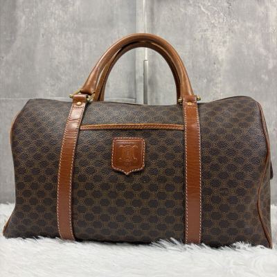 1円 1スタ CELINE セリーヌ ミニボストンバッグ マカダム柄 訳あり ブラウン茶 PVC レザー レディース ヴィンテージ 【参考価格￥60,000-】