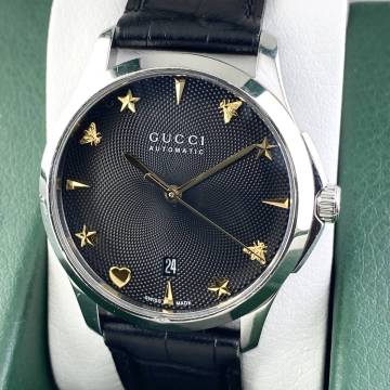 【1円〜】GUCCI グッチ 腕時計 メンズ AT 自動巻 126.4 G-TIMELESS Gタイムレス ブラック文字盤 ゴールド BEE 裏スケ デイト 正規品