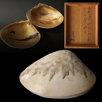 【深和】望月玉川 胡粉置上内金蛤香合 歌銘「初霞」共箱（茶道具 合子 金彩 四条派 円山派 近世日本画 岸派 富士山 三保松原）
