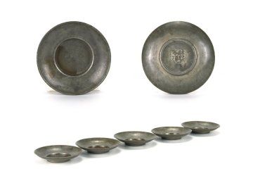 【北】古錫 林聚与號 造 丸形 小 茶托 五客 幅7.8㎝ 重さ178g / 煎茶 茶道具