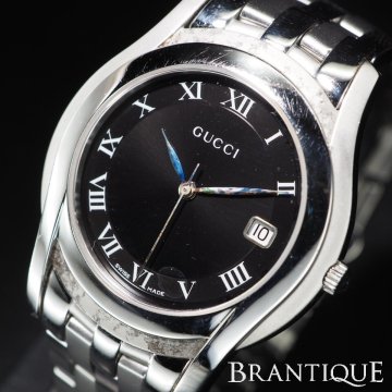 ◆1円~◆ GUCCI グッチ 5500M QZ ローマンダイアル 黒 文字盤 USED 稼働 メンズ 腕時計 両開きバックル 「29941」
