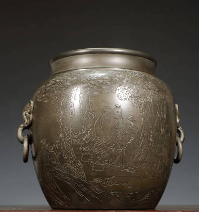 【日本橋古美術】「御錫屋天下一美作守 双耳 錫製茶葉罐 重量1930g」古錫 茶入 錫器 錫 茶心壺 茶罐 茶壺 茶入れ 茶葉罐 茶叶罐 金工