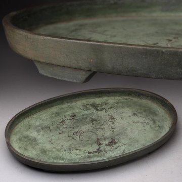 FI596 時代金工 銅製 楕円形 水盤 幅25.4cm 重894g・銅平水盤・砂鉢・盆景盆・盆器 華道具 茶道具 古美術