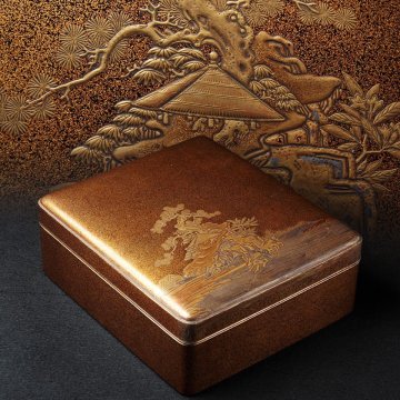 FI598 時代蒔絵 総金梨地 老松山水金蒔絵 硯箱 縦21.5cm 木箱付・山水風景蒔絵硯筥・蒔絵箱・文箱 江戸 明治期 古漆器 書道具 古美術