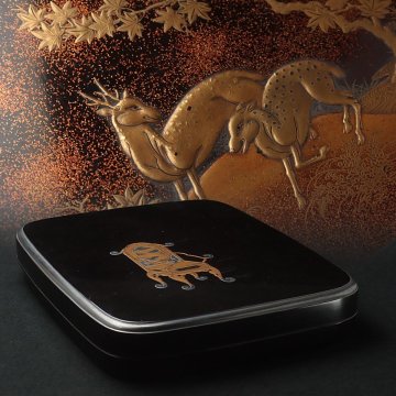 FC394 時代漆器 内梨地 肉合研出蒔絵 宮廷椅子/内紅葉鹿図 面取 長方硯箱 硯/銅水滴/木箱附・裏紅葉鹿蒔絵硯筥 江戸期 古書道具