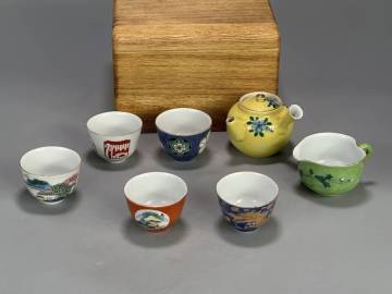 J48UA02　煎茶道具　粉彩茶器セット　十錦手茶器揃　色絵茶器　時代物　唐物　