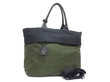 1円 PRADA プラダ テスートナイロン 2WAY ハンドバッグ トート ショルダー 斜め掛け メンズ レディース カーキ系&times;ブラック系 HE2702