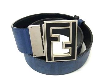 1円 FENDI フェンディ ズッカ柄 レザー リバーシブル シルバー金具 ベルト レディース メンズ ブルー系 ブラック系 HB4991
