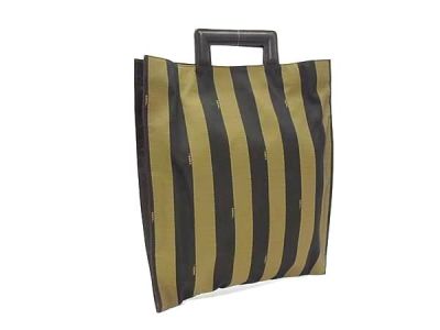 1円 ■美品■ FENDI フェンディ ペカン柄 ナイロン&times;レザー ハンドバッグ レディース メンズ ブラック系&times;ブラウン系 FZ7803