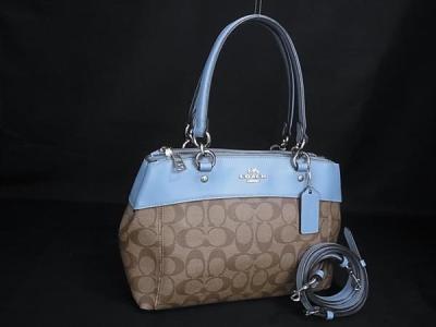 1円 ■極美品■ COACH コーチ F26139 シグネチャー PVC&times;レザー 2WAY ショルダーバッグ ハンドバッグ ブラウン系&times;ライトブルー系 HD0927