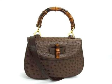 1円 ■極上■本物■美品■ GUCCI グッチ 000 01 0633 バンブー オーストリッチ 2WAY ショルダー ハンドバッグ 斜め掛け ブラウン系 BS8890