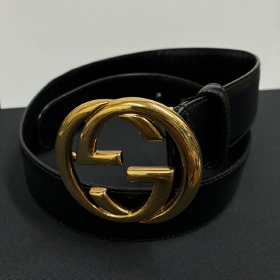 ▽▼GUCCI グッチ ベルト 037 0394 1510 インターロッキングG ブラック 革 レザー ブラック ゴールド金具 サイズ 75・30 メンズ レディース