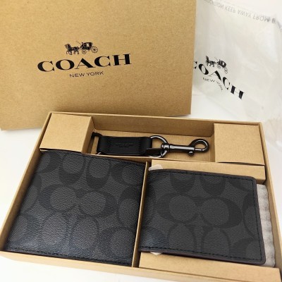 B310-O63-2041 美品 COACH コーチ シグネチャー メンズ 二つ折り財布 F41346 カードケース キーリング ギフトボックス付き 3点セット OF