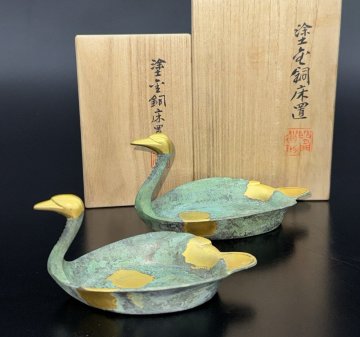【江】平安 秦蔵六 塗金銅床置瑞鳥 2点 在銘 共箱 古美術品(置物オブジェ小物入)X3035 CTDBsrsp
