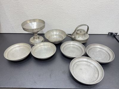 ◇時代物 古錫 京 錫屋 京錫屋 在銘 無銘 煎茶皿 壺承 菓子皿 菓子器 高杯 急須 煎茶道具 骨董 古美術 錫製 錫まとめ 当時物 蔵出し