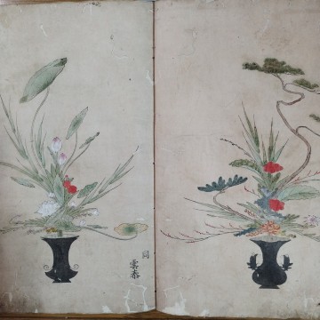 983　和本　新撰瓶花図彙 坤巻　元禄11年 50図　彩色　木版画　華道　池坊専定　シミ有