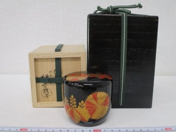 Y4168 漆器 「前端雅峯 山中塗 黒塗 菊桐蒔絵 高台寺写 大棗」 共箱 塗箱 銘有 薄茶器 茶道具