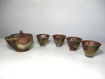 備前焼　急須・宝瓶　松園 作　茶器揃い　５点セット　未使用　煎茶道具