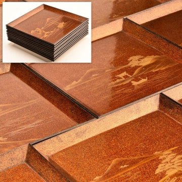 【流】時代漆器 金梨地山水図替蒔絵四方盆 十客 箱付 PB961