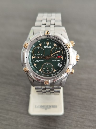 261008&minus;79 稼働品 TISSOT プロフェッショナル PROFESSIONAL メンズ腕時計 緑色文字盤 オリジナル革ベルト 