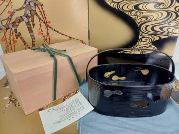  K06-1005 茶道具 漆芸 六瓢莨盆 鵬雲斎好写 銀金具 上杉満樹 作 保証品 共布共箱 美品