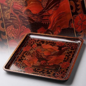FJ167 時代漆器 山水楼閣漆絵 四方盆 幅28.4cm・古漆絵角盆 煎茶盆 吸物膳 懐石道具 漆芸 漆工芸 旧家蔵 古美術