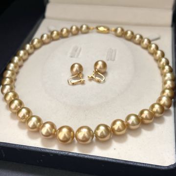 【K18】ゴールデンパール 白蝶真珠 10-13mm ネックレス イヤリング 18金 セット Pearl necklace 本真珠 南洋パール ゴールド 1734-6404848