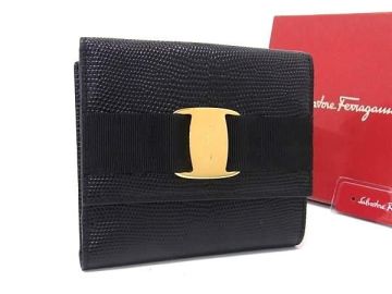 1円 ■美品■ Salvatore Ferragamo フェラガモ 224074 ヴァラ リザード型押しレザー 二つ折り 財布 ウォレット ブラック系 HC5855