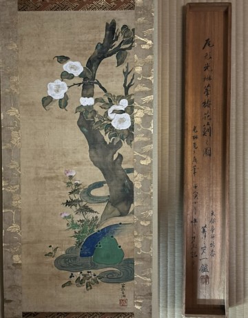 模写 尾形光琳 筆 椿花薊図幅 掛軸 鈴木其一鑑定 中野其玉箱書 古画 時代物 日本画 琳派 絵画 二重箱 落款コピー付 
