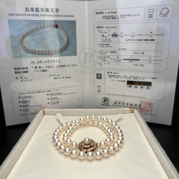【極上/オーロラロゼ/K14/ダイヤモンド0.16ct】 アコヤ真珠 パール ネックレス 8.5mm 超厚巻き0.8mm 新品糸替え テリ最強 真珠科学研究所