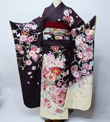 振袖 着物 フルセット 正絹 百花繚乱 焦げ茶色 小物まで20点一式すべて揃う 7日間レンタル 成人式（株）安田屋【レンタル】R39564