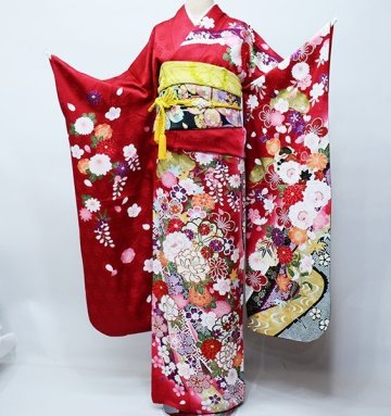 振袖 着物 フルセット 正絹 百花繚乱 ラメ 深い赤色 小物まで20点一式すべて揃う 7日間レンタル 成人式（株）安田屋【レンタル】R39569