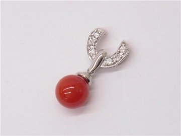 ◎ ネックレストップ ◎　K14WG　1P珊瑚　ダイヤ0.09ct　珊瑚7.2mm珠　1.3ｇ　14金ホワイトゴールド　ペンダントトップ　サンゴ　◎美品