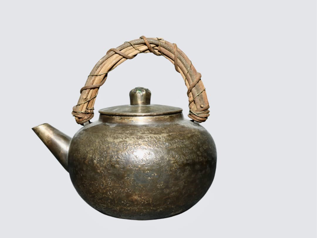 時代煎茶道具 銅合金 湯沸 薬缶 蔓巻提手 内壁錫引き 細密暗紋様 古民藝 茶器